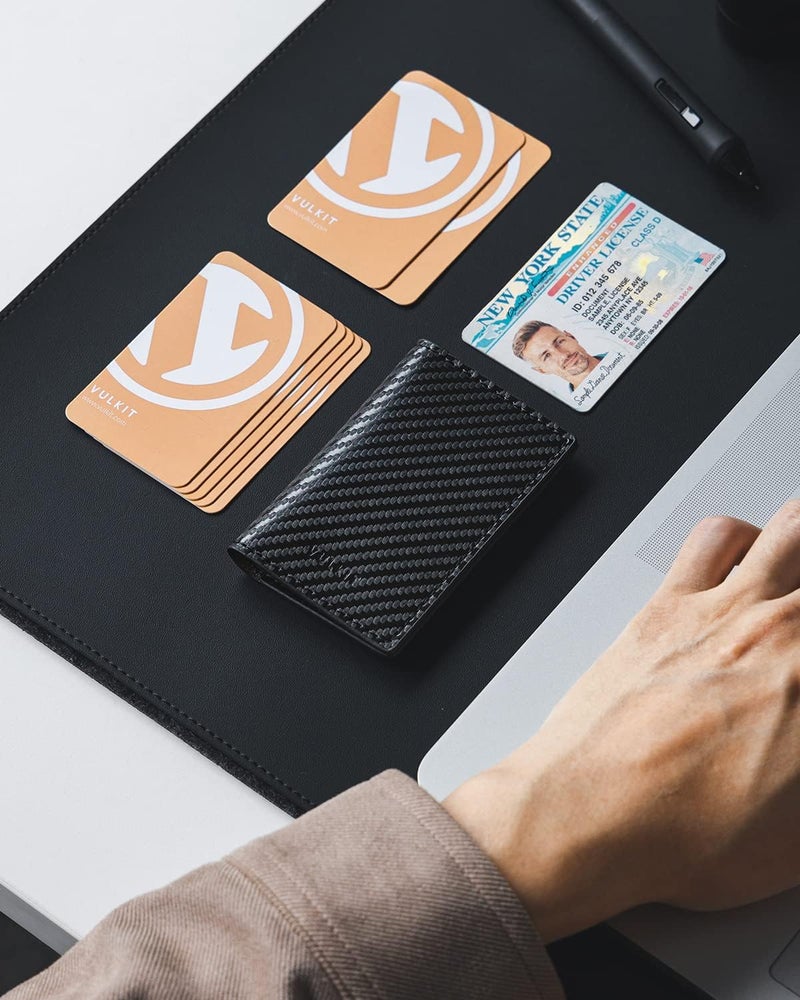 VULKIT Leather Business Card Holder 2 Sided Slim Business Name Card Organizer for Men or Women, Up to hold 20 cards(Carbon Black) - Image 5